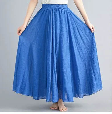 Cotton and Linen Elastic Waist A-line Skirt Solid Color Ethnic Dress