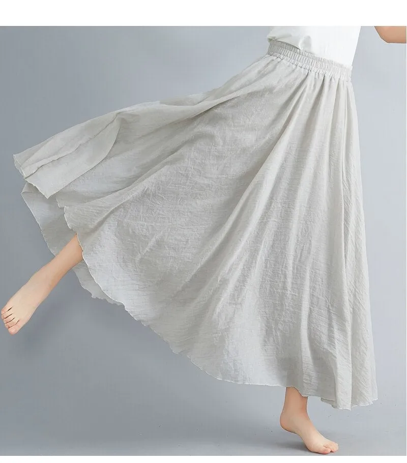 Cotton and Linen Elastic Waist A-line Skirt Solid Color Ethnic Dress