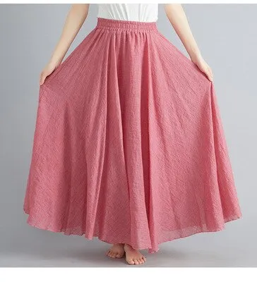 Cotton and Linen Elastic Waist A-line Skirt Solid Color Ethnic Dress