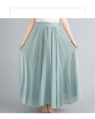 Cotton and Linen Elastic Waist A-line Skirt Solid Color Ethnic Dress