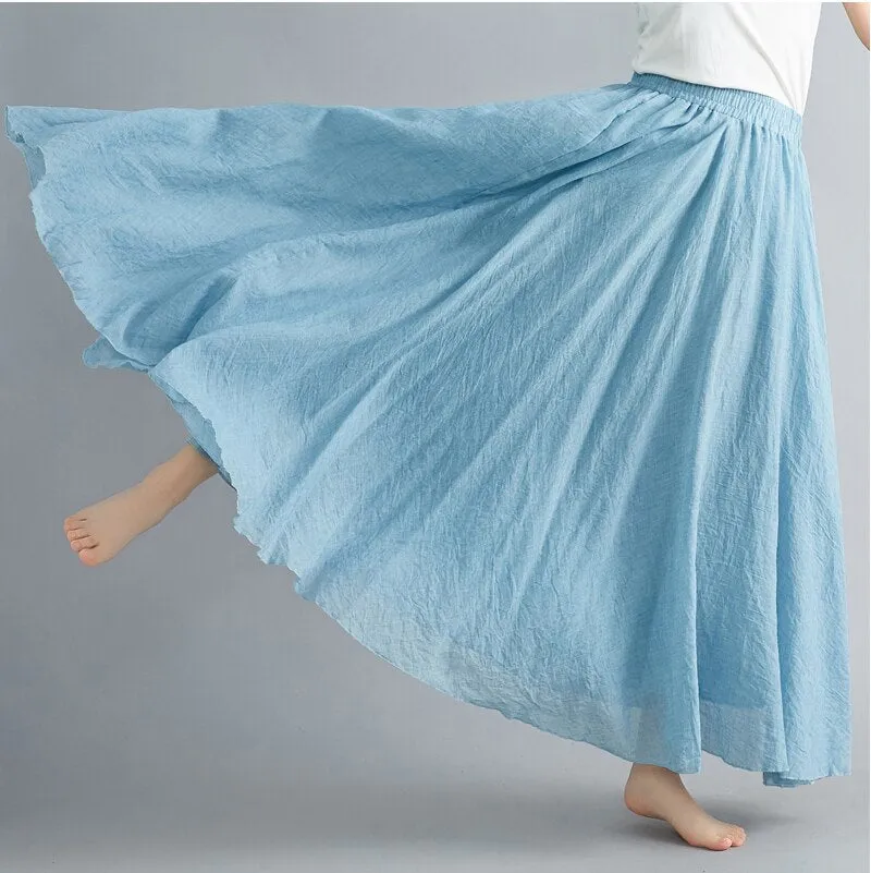 Cotton and Linen Elastic Waist A-line Skirt Solid Color Ethnic Dress