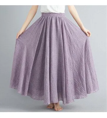 Cotton and Linen Elastic Waist A-line Skirt Solid Color Ethnic Dress