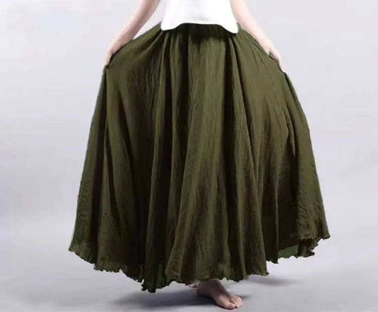 Cotton and Linen Elastic Waist A-line Skirt Solid Color Ethnic Dress