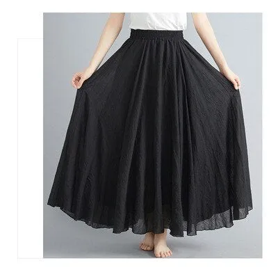 Cotton and Linen Elastic Waist A-line Skirt Solid Color Ethnic Dress