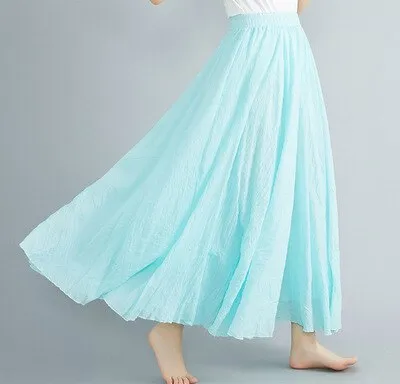 Cotton and Linen Elastic Waist A-line Skirt Solid Color Ethnic Dress