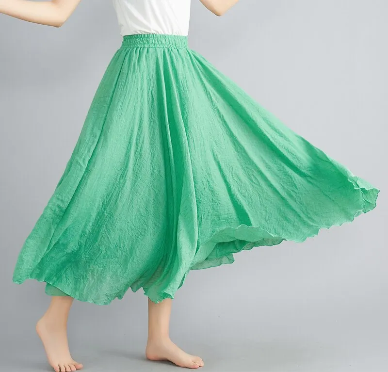 Cotton and Linen Elastic Waist A-line Skirt Solid Color Ethnic Dress