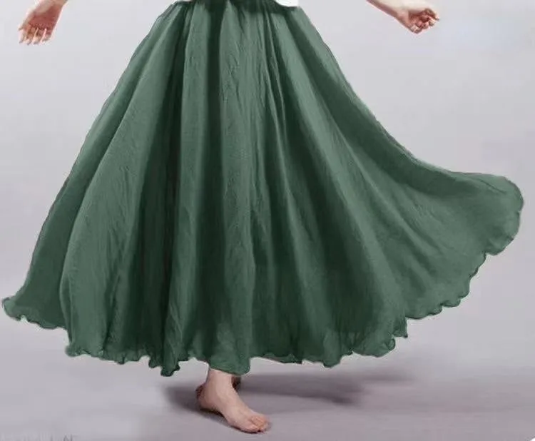 Cotton and Linen Elastic Waist A-line Skirt Solid Color Ethnic Dress