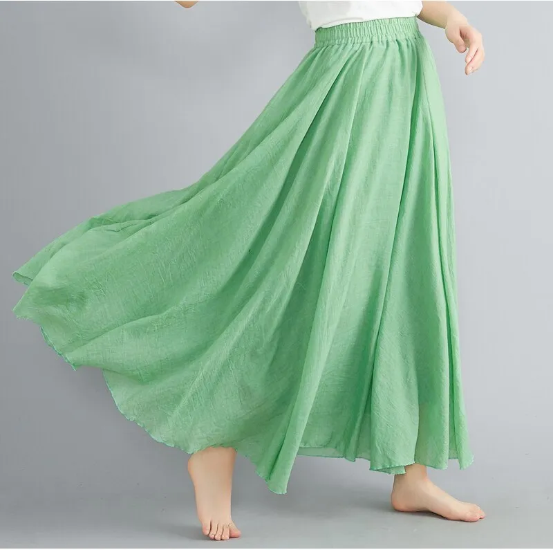 Cotton and Linen Elastic Waist A-line Skirt Solid Color Ethnic Dress