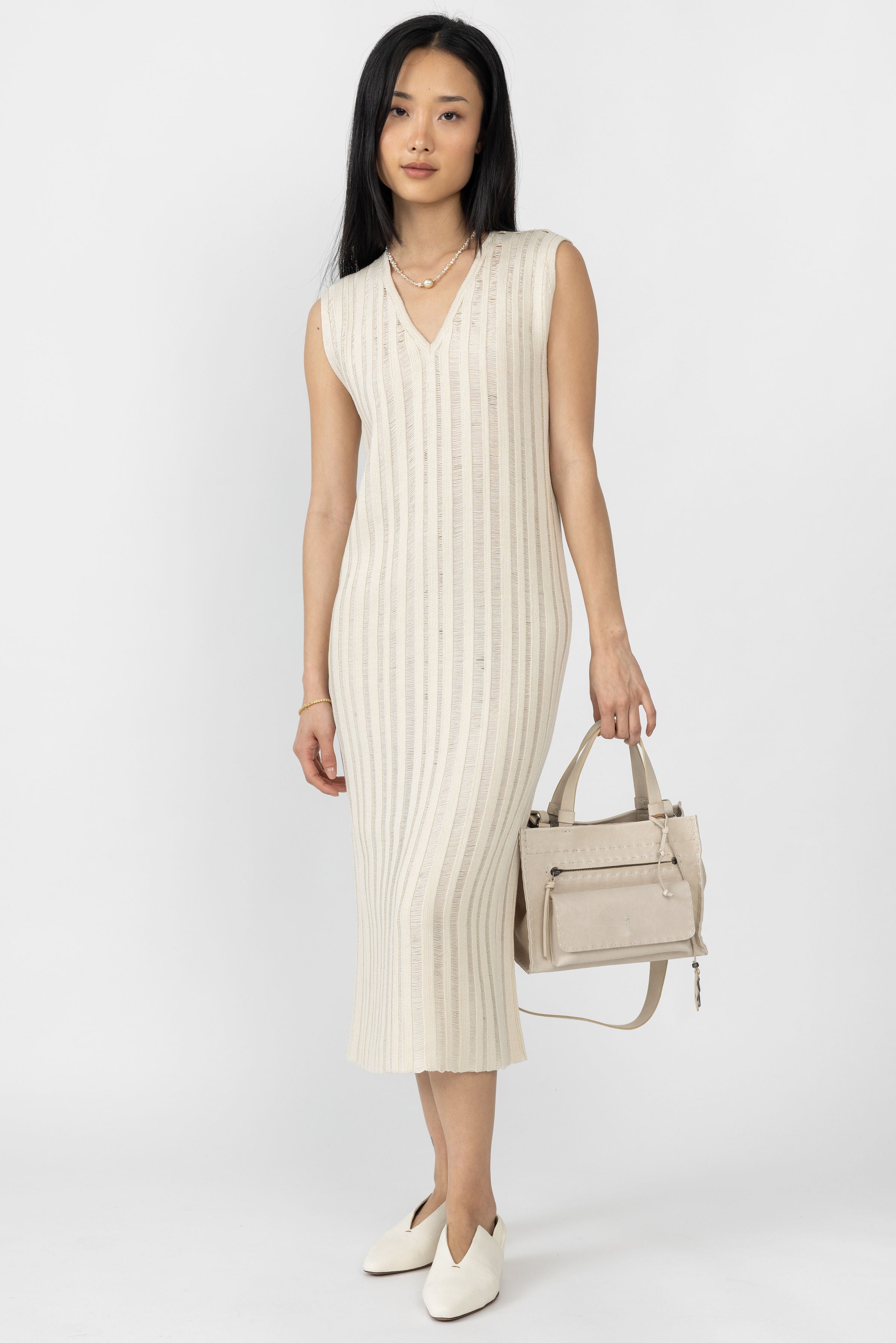 Cotton Knit Midi Dress in Ecru - Lady's Fashion