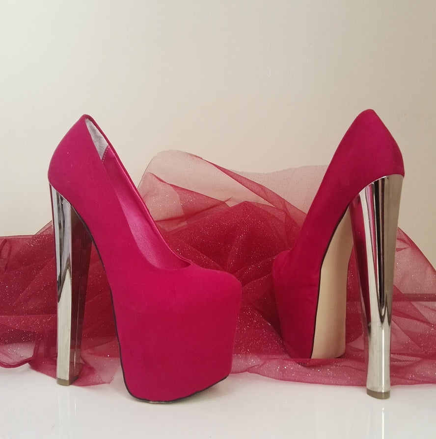 Dark Pink Suede Silver Metallic 19 cm High Heel Platform Shoes - Glamorous Women's Footwear