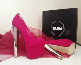 Dark Pink Suede Silver Metallic 19 cm High Heel Platform Shoes - Glamorous Women's Footwear