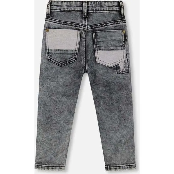 French Terry Pants With Contrasting Patch, Black Denim by Deux par Deux