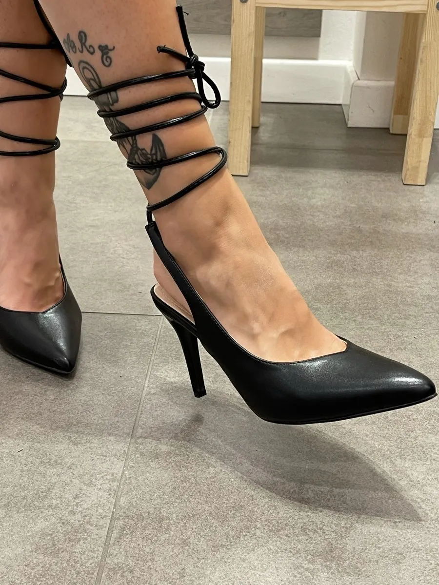 Black Decollete Slingback Shoes with Ankle Straps and 9 cm Heel