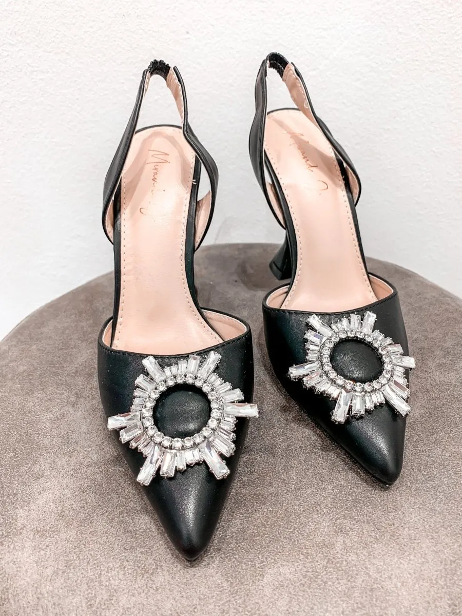 Black Decollete Slingback Shoes with Jewel Detail and 10 cm Heel