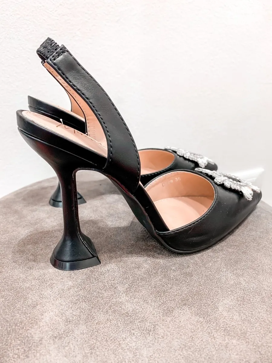 Black Decollete Slingback Shoes with Jewel Detail and 10 cm Heel