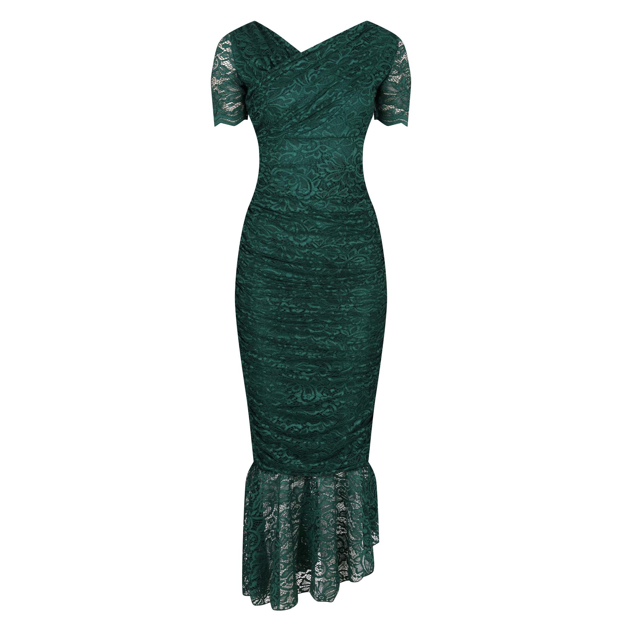 Emerald Green Ruched Lace Maxi Dress - Vibrant Green Lace Dress