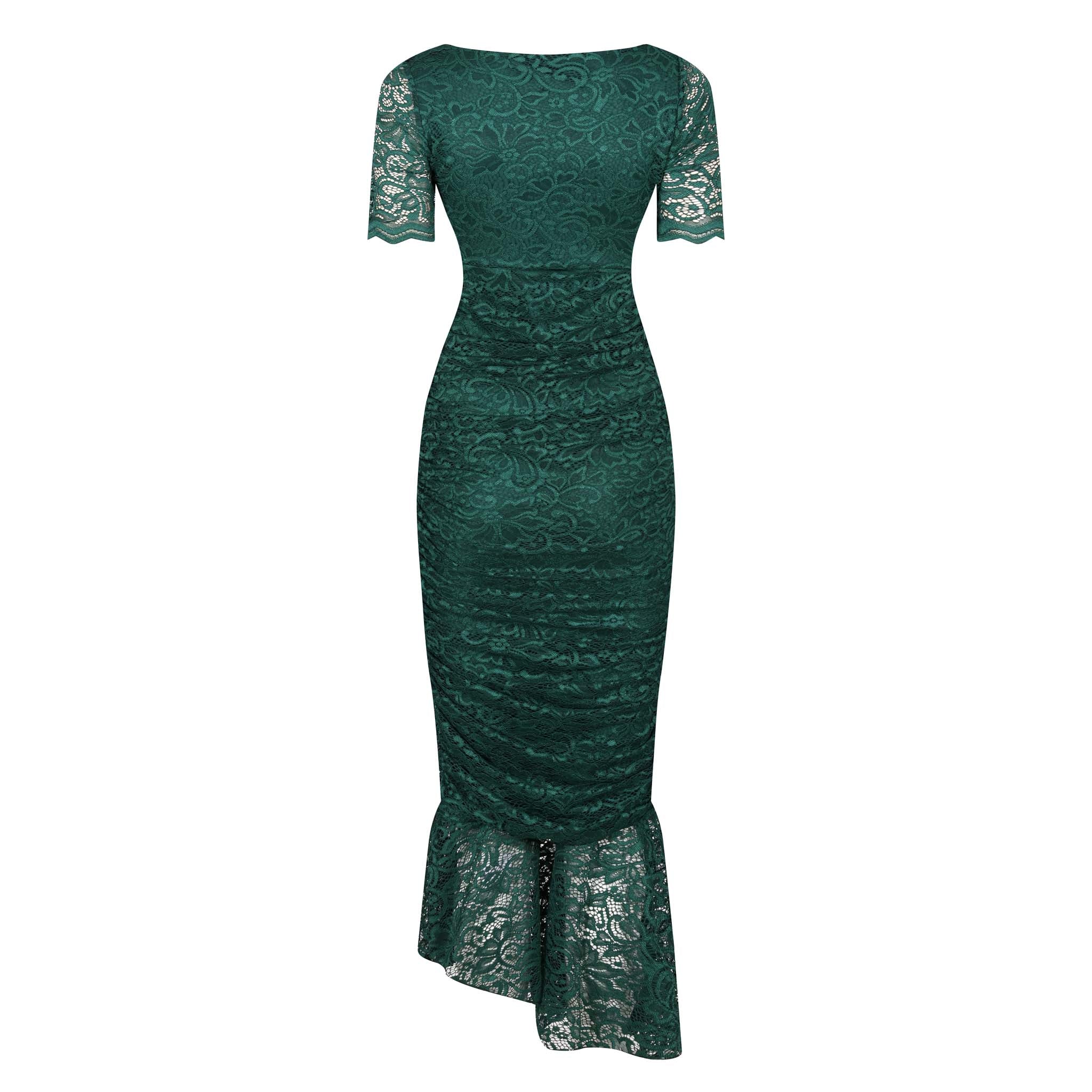 Emerald Green Ruched Lace Maxi Dress - Vibrant Green Lace Dress