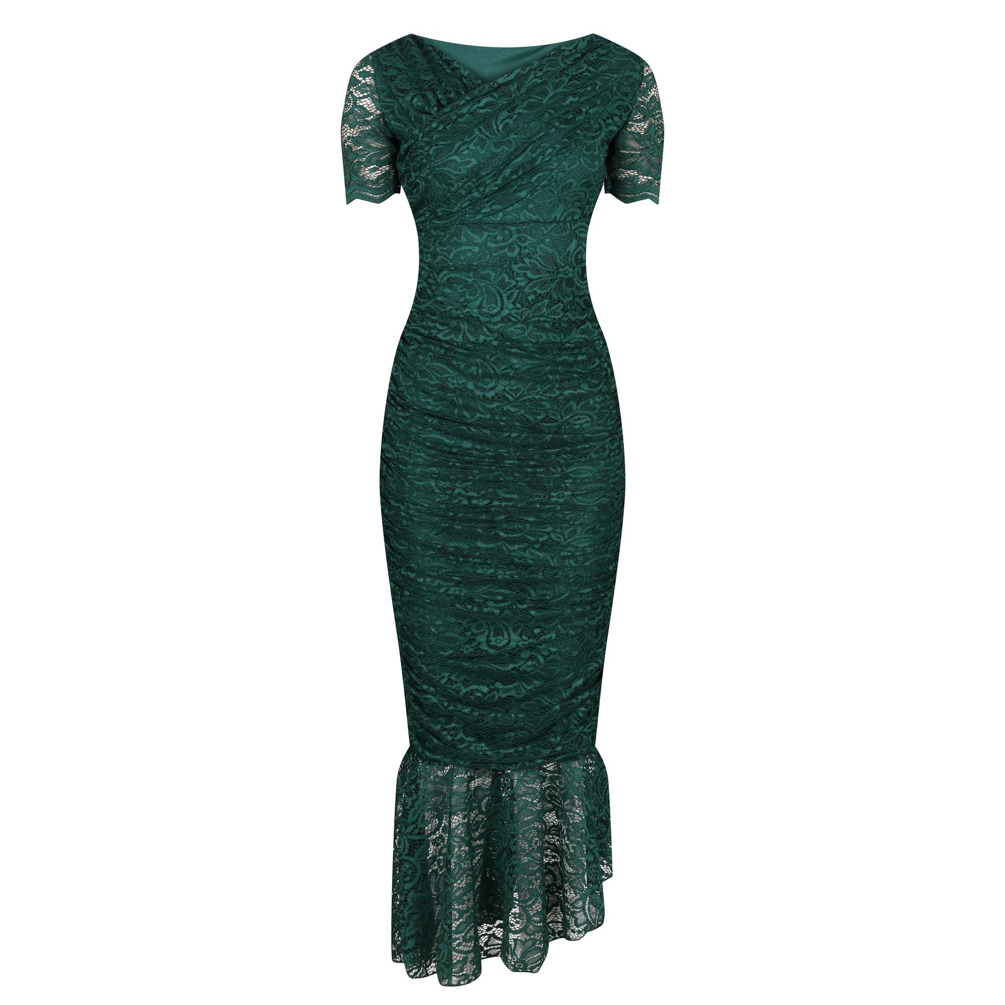 Emerald Green Ruched Lace Maxi Dress - Vibrant Green Lace Dress