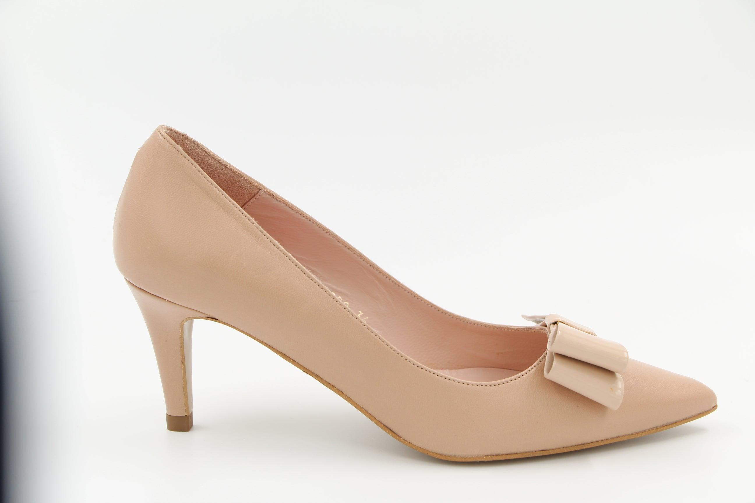 Fabucci Leather Mid Heel Pointed Toe Shoes with Bow - Nude Color