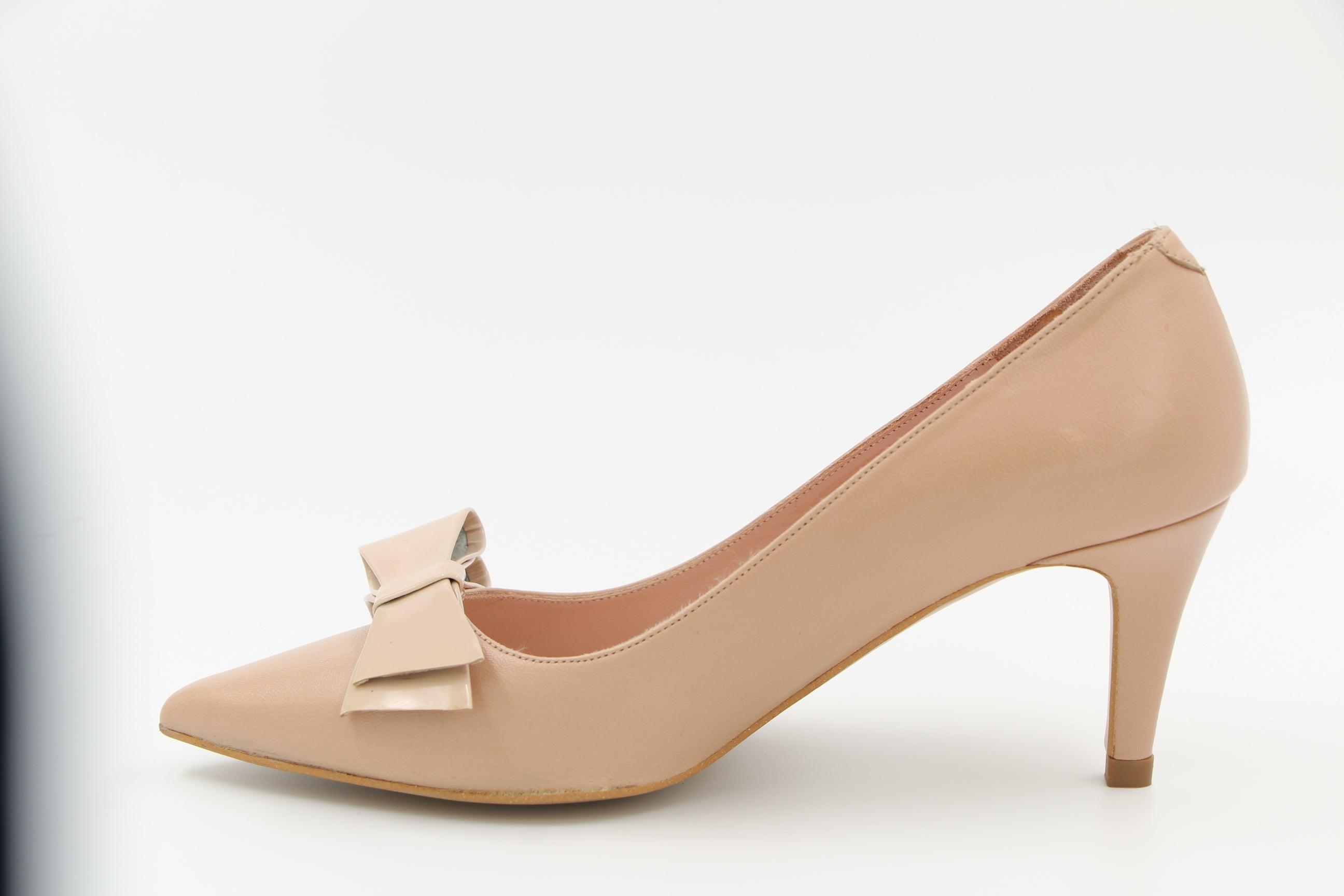 Fabucci Leather Mid Heel Pointed Toe Shoes with Bow - Nude Color