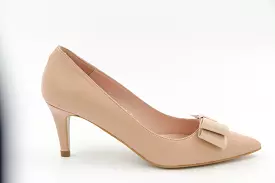 Fabucci Leather Mid Heel Pointed Toe Shoes with Bow - Nude Color