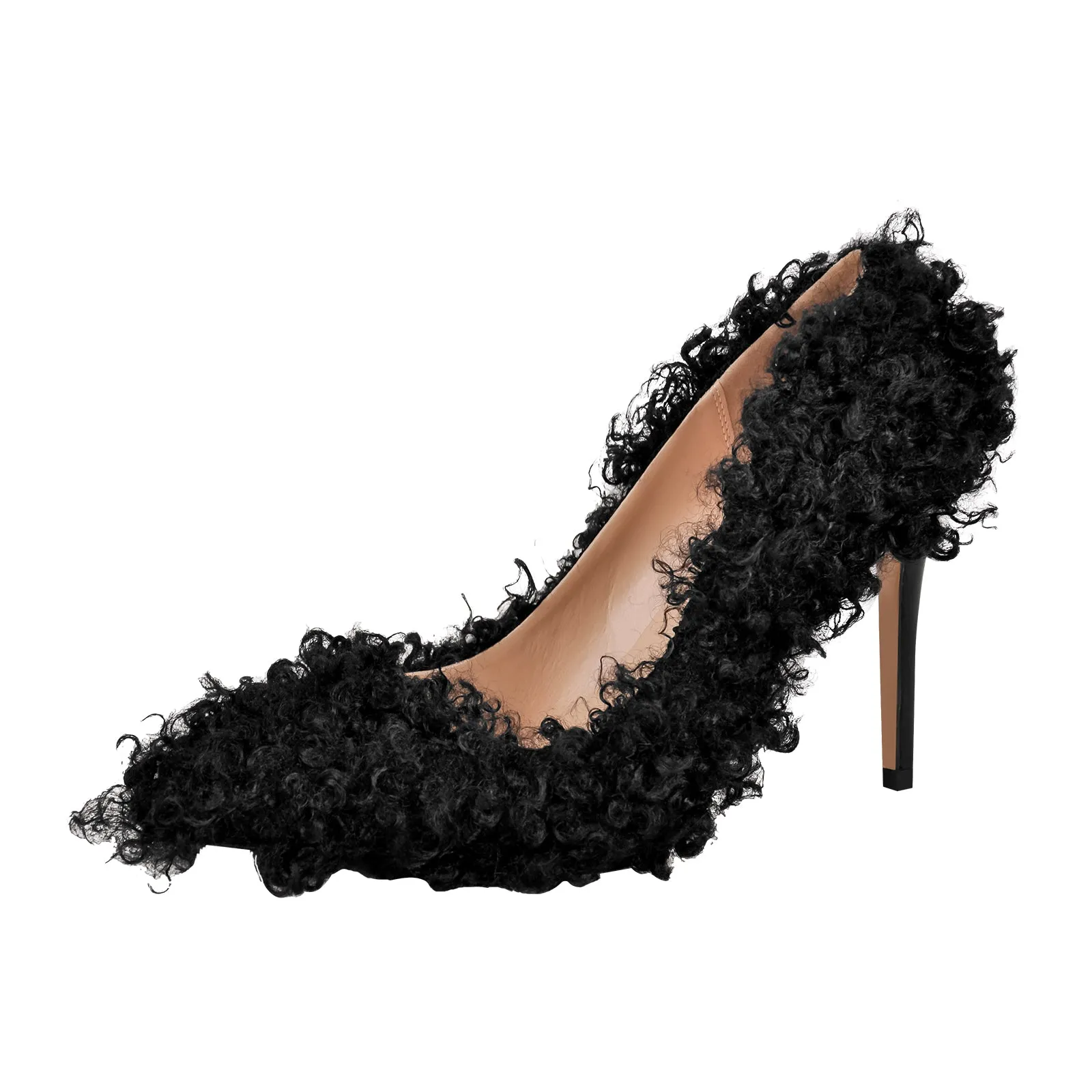 Pointed Toe Fluffy Stiletto Pumps.