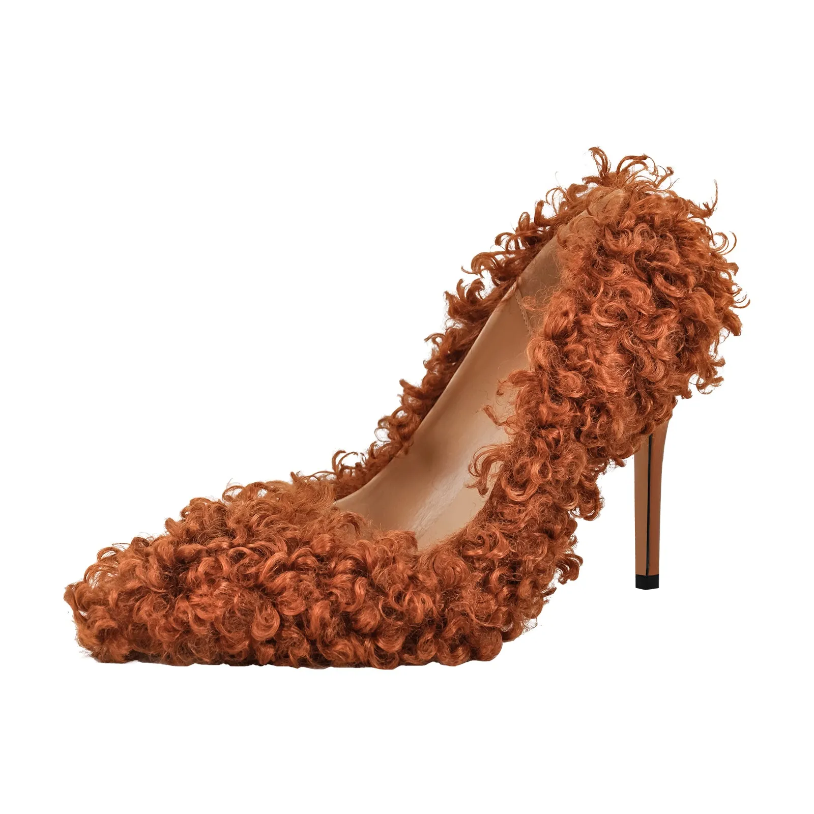 Pointed Toe Fluffy Stiletto Pumps.