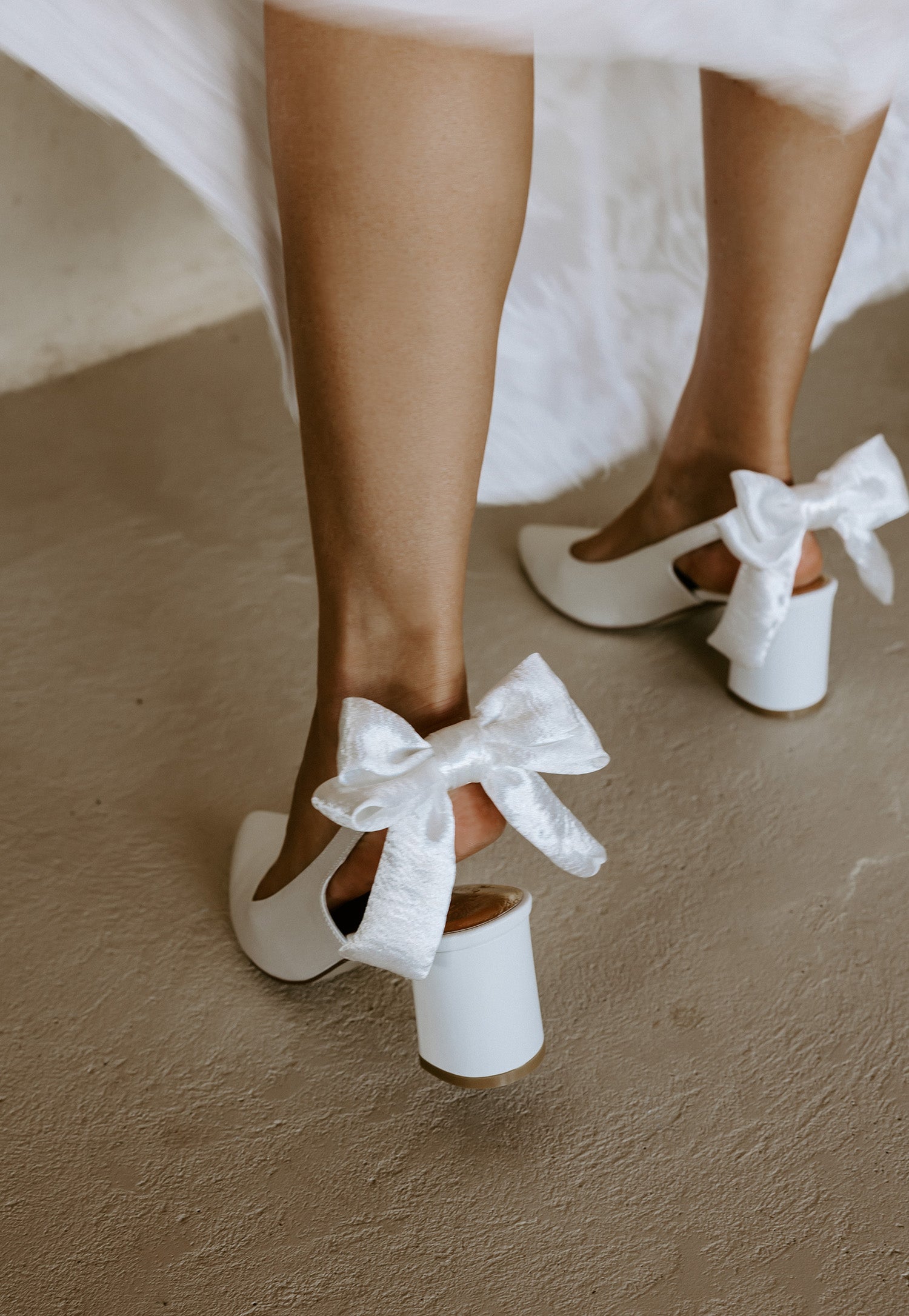 Gardenia satin bridal heels with bow - closed toe.