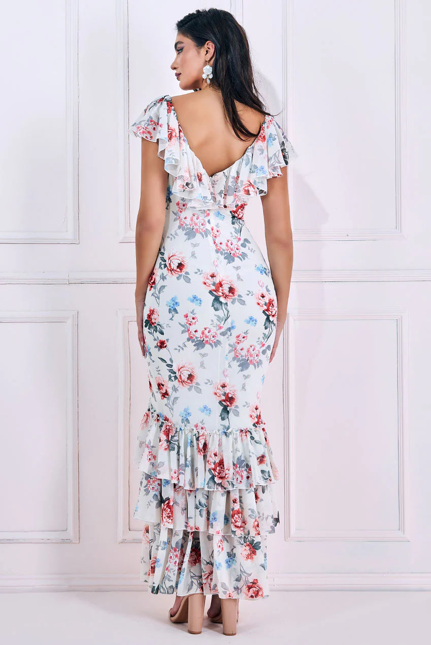 Goddiva Floral Chiffon Ruffle Maxi Dress