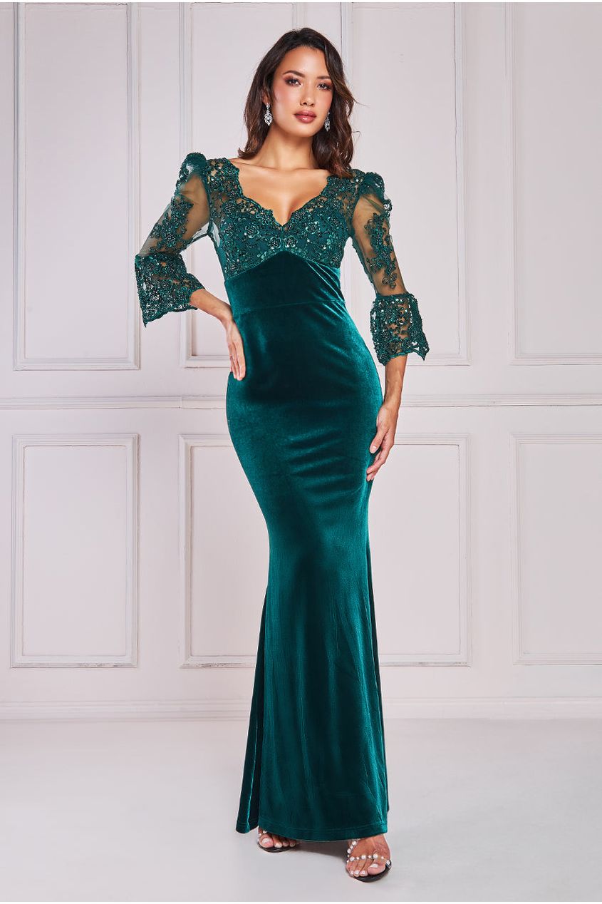 Goddiva Lace Velvet Maxi Dress