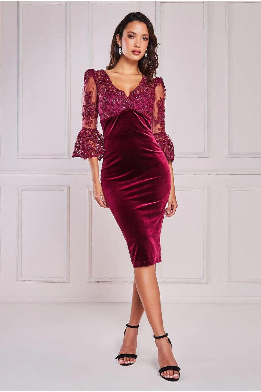 Goddiva Scallop Pearl Lace Velvet Midi Dress