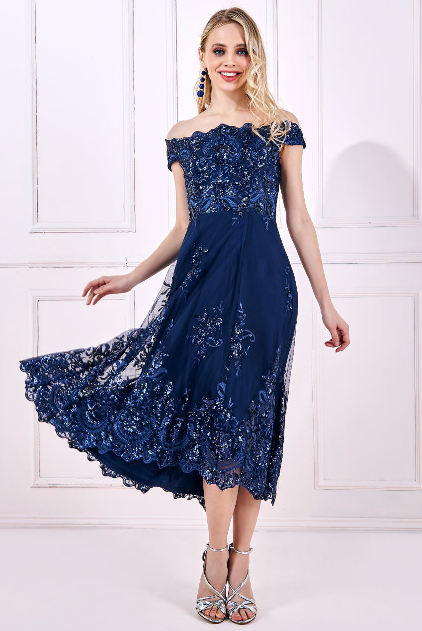 Goddiva Sequin Bardot High Low Lace Midi Dress - Perfect for Special Occasions.