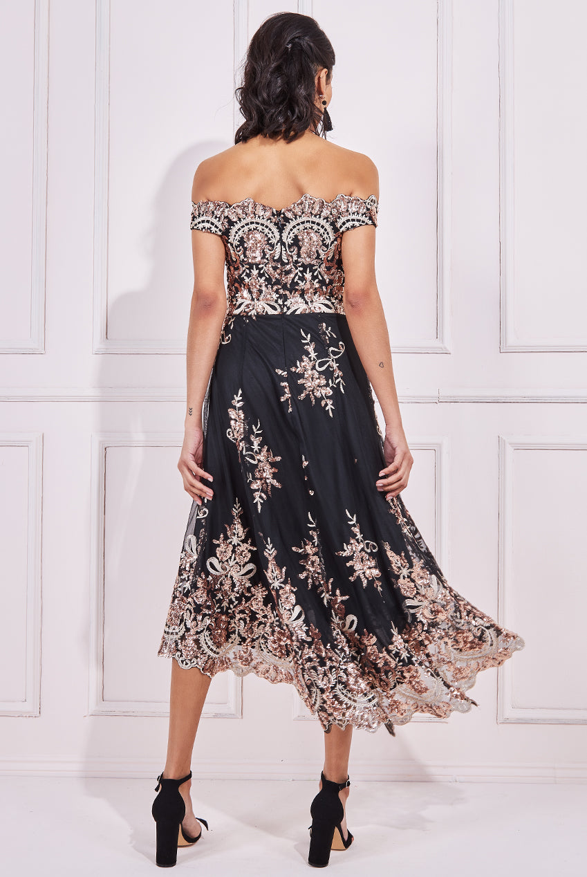 Goddiva Sequin Bardot High Low Lace Midi Dress - Perfect for Special Occasions.