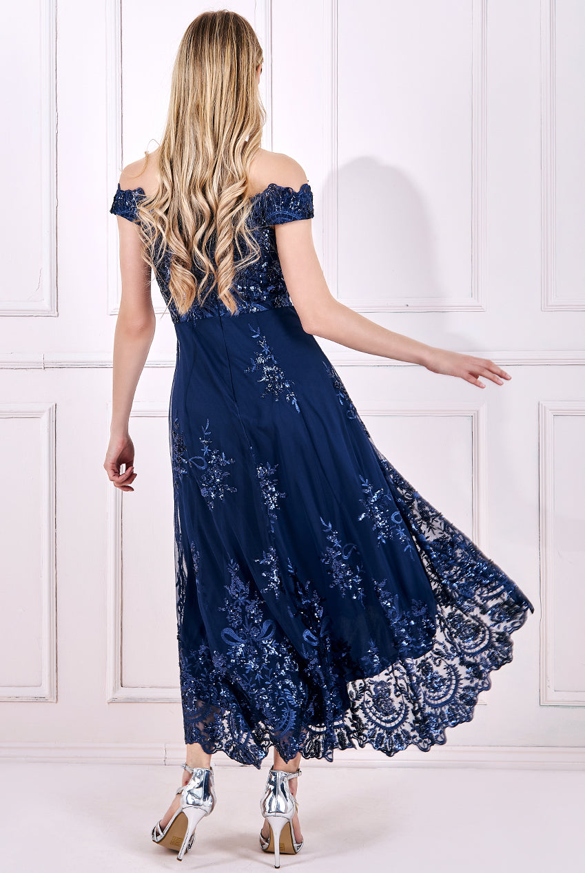 Goddiva Sequin Bardot High Low Lace Midi Dress - Perfect for Special Occasions.