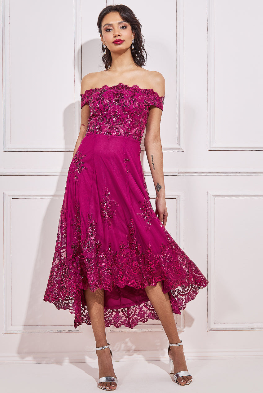 Goddiva Sequin Bardot High Low Lace Midi Dress - Perfect for Special Occasions.