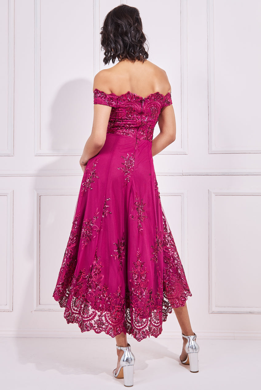 Goddiva Sequin Bardot High Low Lace Midi Dress - Perfect for Special Occasions.