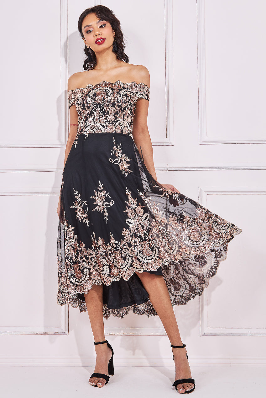 Goddiva Sequin Bardot High Low Lace Midi Dress - Perfect for Special Occasions.