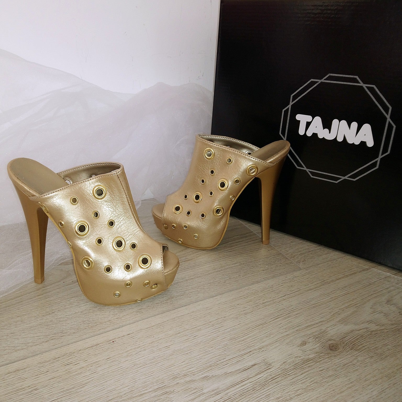 Gold Peep-Toe Platform Mules