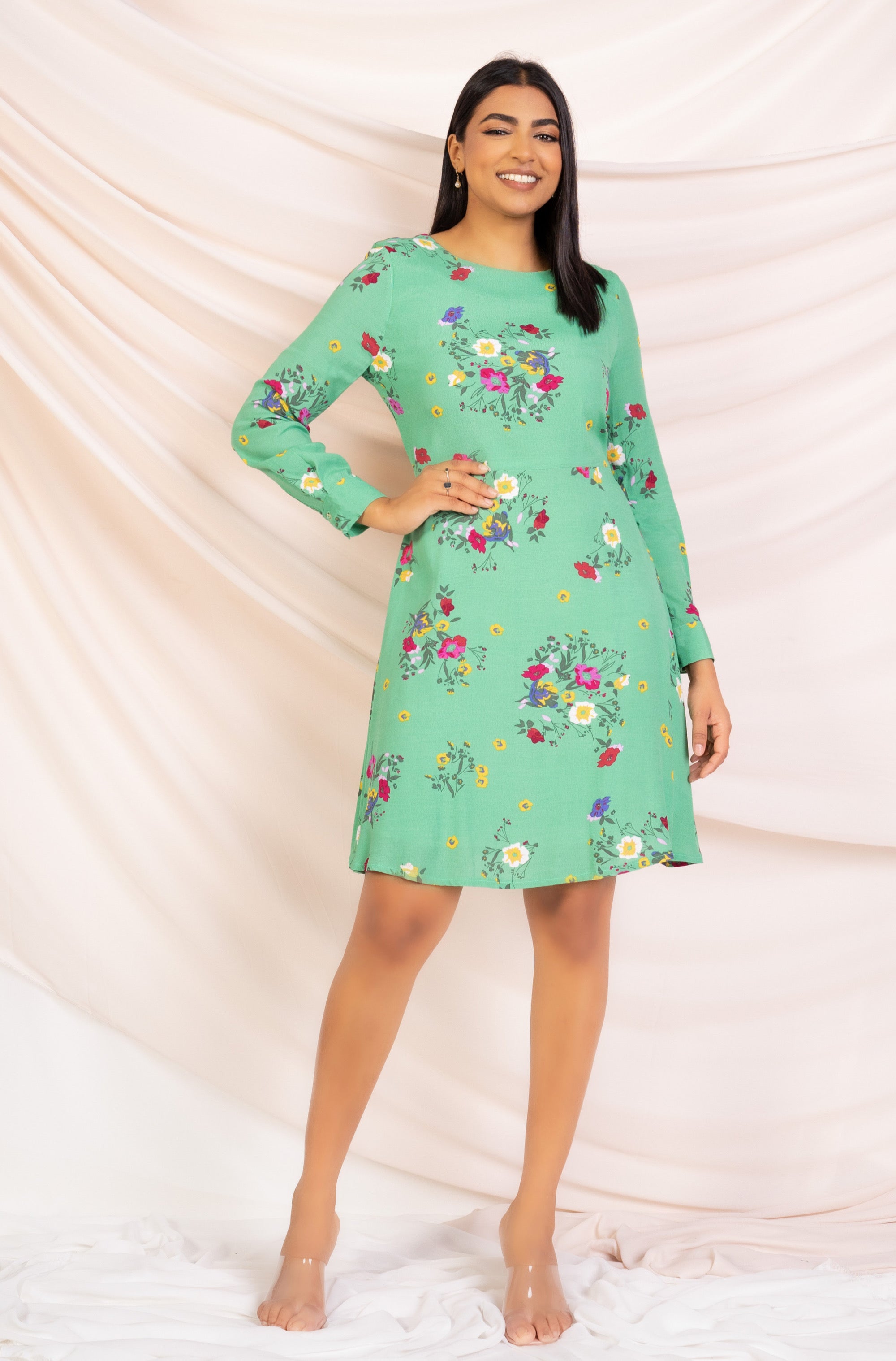 Green Aline Dress, Printed Green Aline Dress