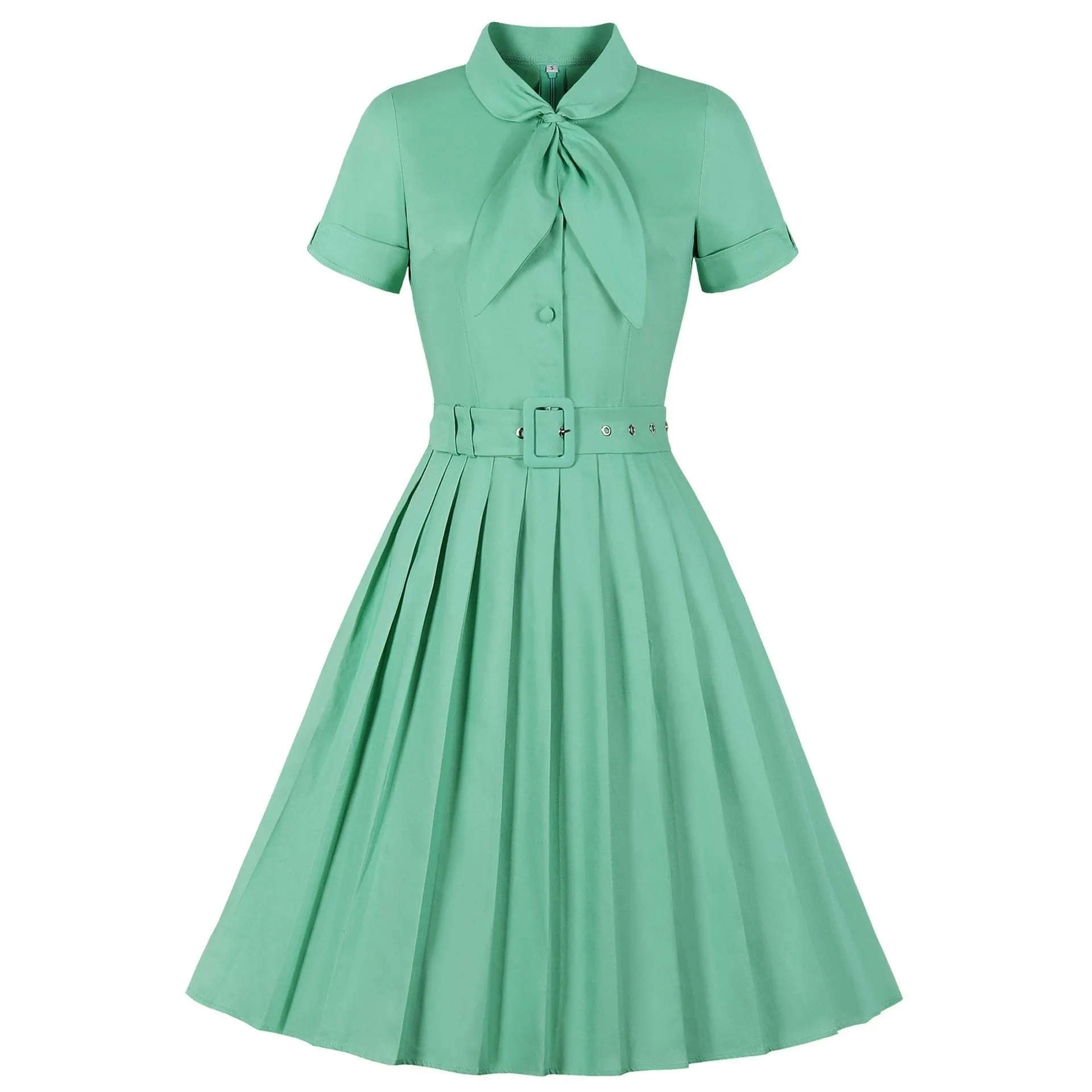 Green Solid Hepburn Tunic Swing Dress Bow Button A-Line 1950s 60s Rockabilly Pinup Party Robe Office Dresses