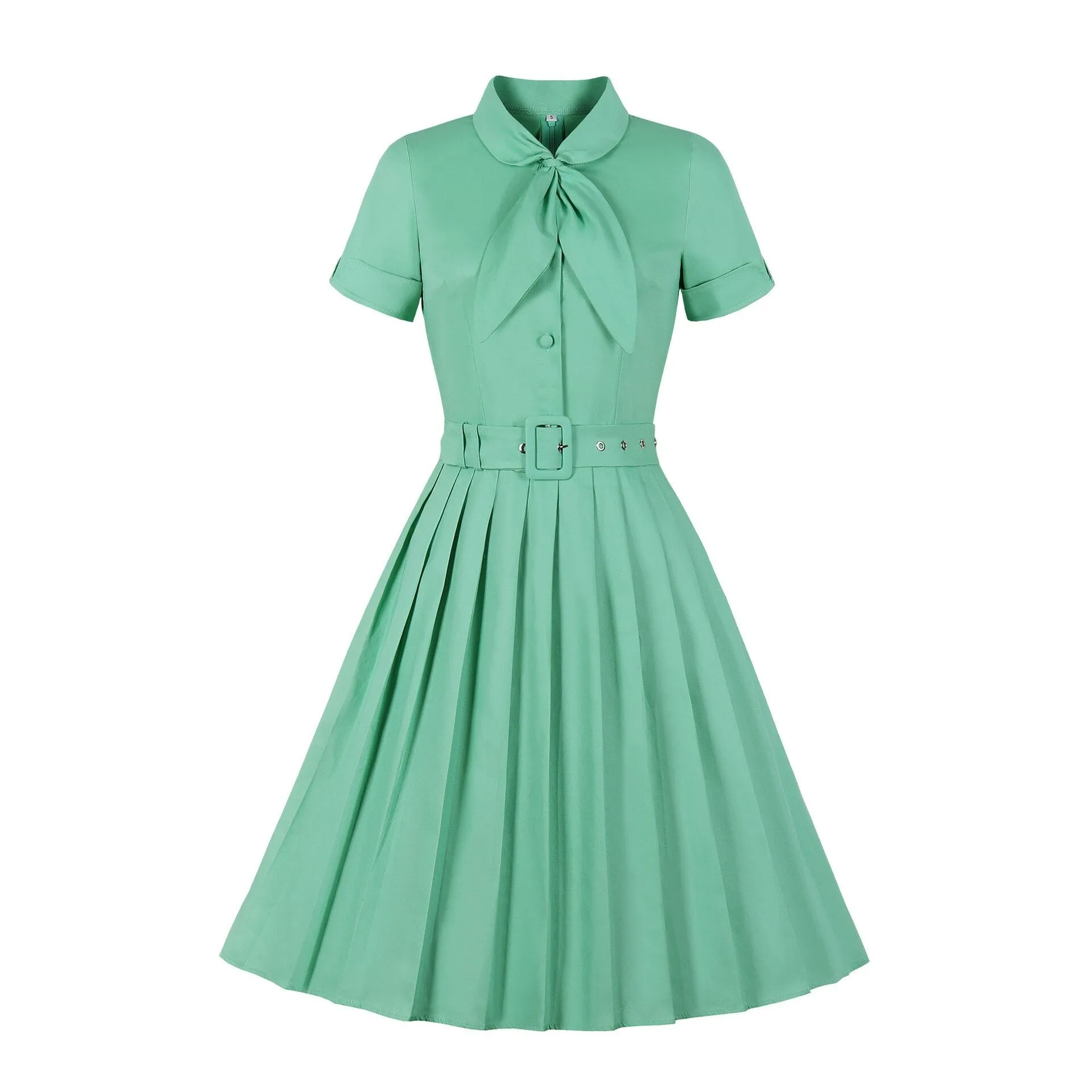 Green Solid Hepburn Tunic Swing Dress Bow Button A-Line 1950s 60s Rockabilly Pinup Party Robe Office Dresses