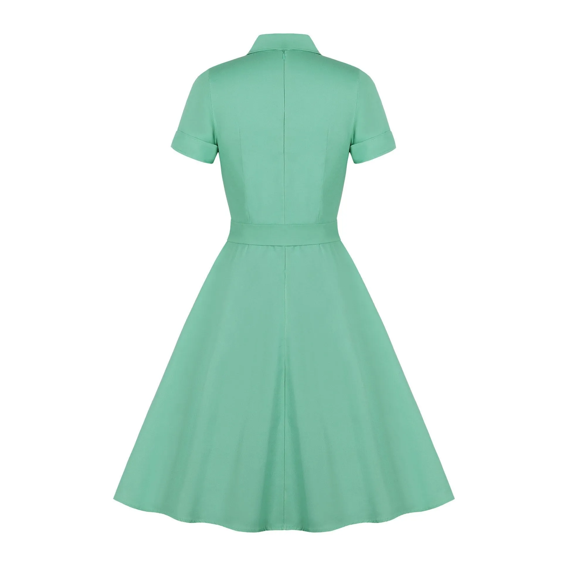 Green Solid Hepburn Tunic Swing Dress Bow Button A-Line 1950s 60s Rockabilly Pinup Party Robe Office Dresses