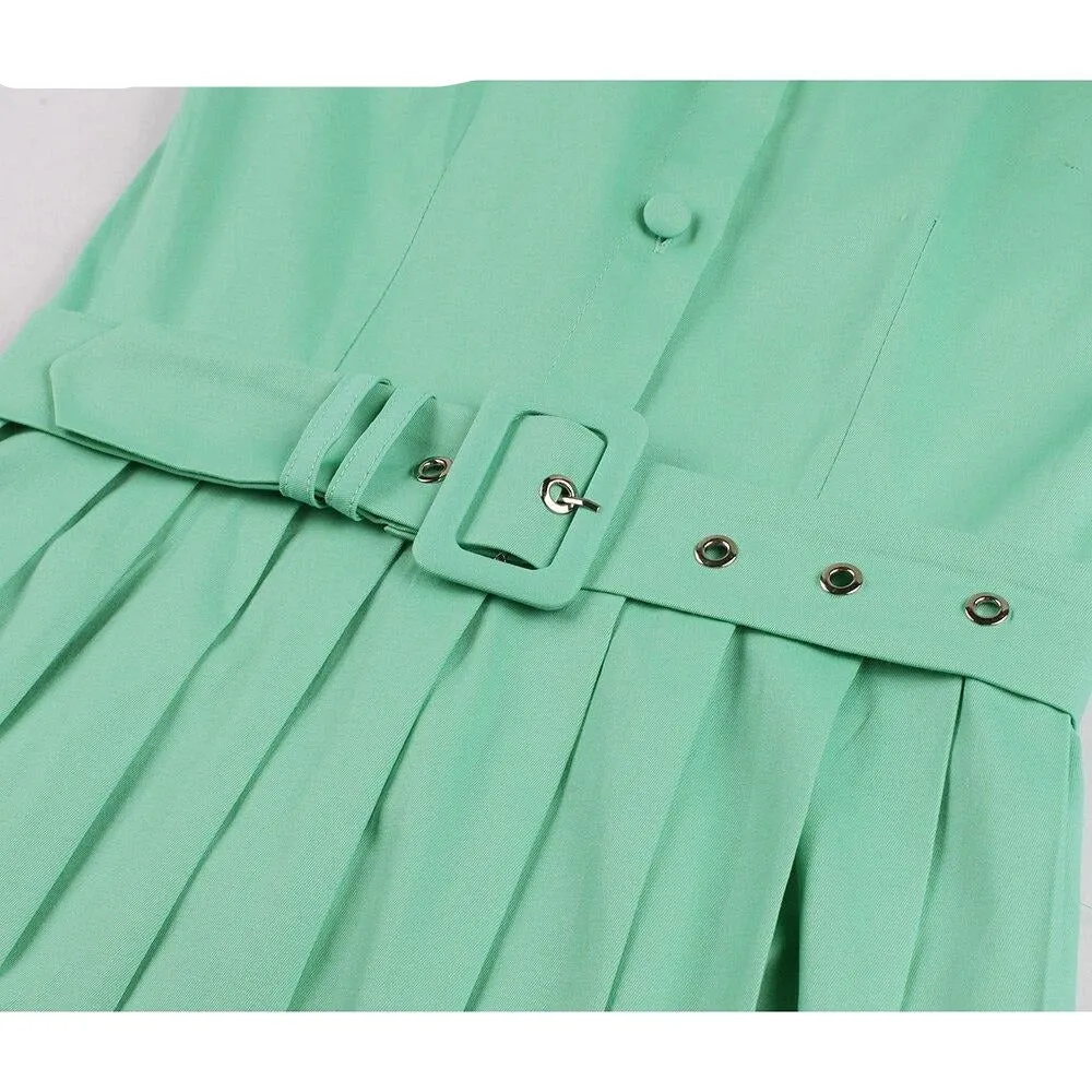 Green Solid Hepburn Tunic Swing Dress Bow Button A-Line 1950s 60s Rockabilly Pinup Party Robe Office Dresses