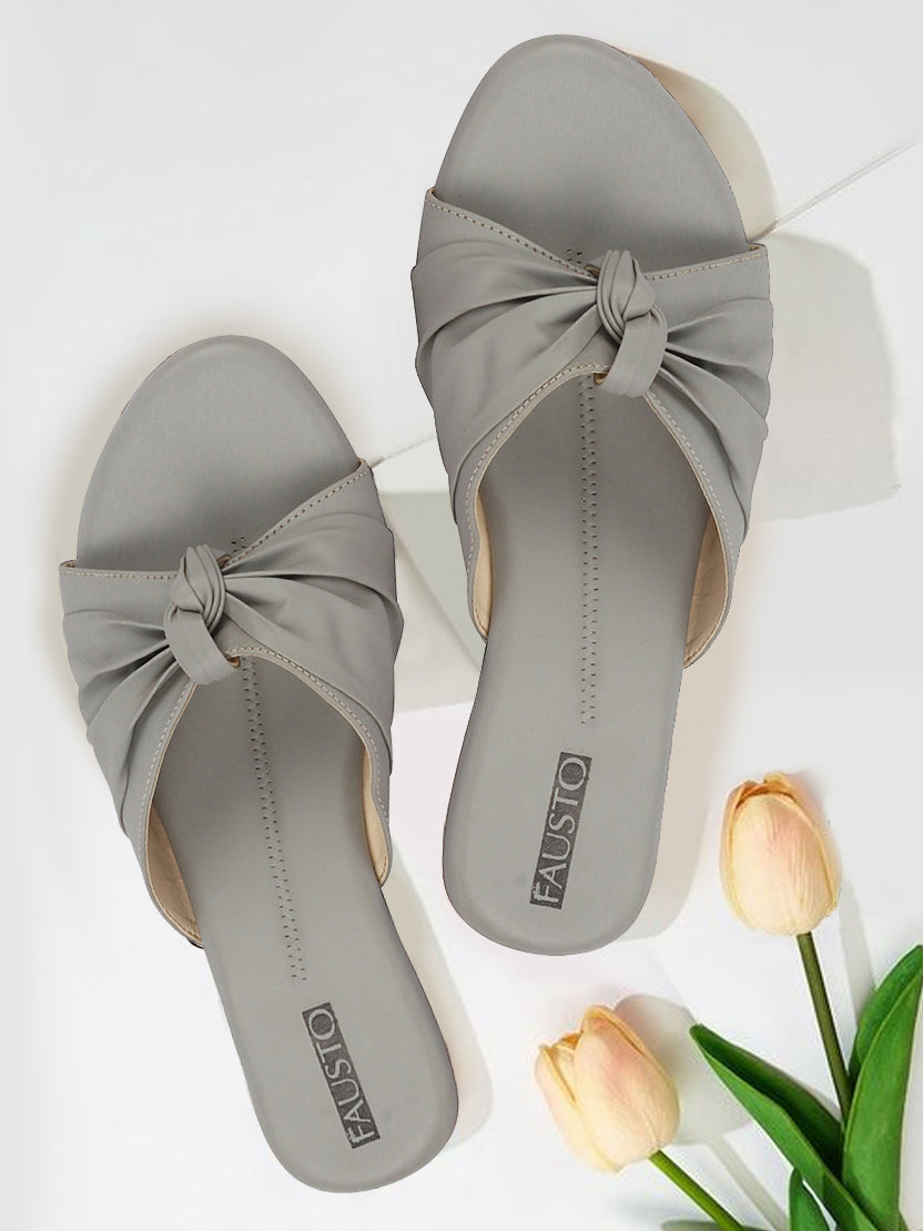 Grey Bow Open Toe Slip On Flats Slippers for Women