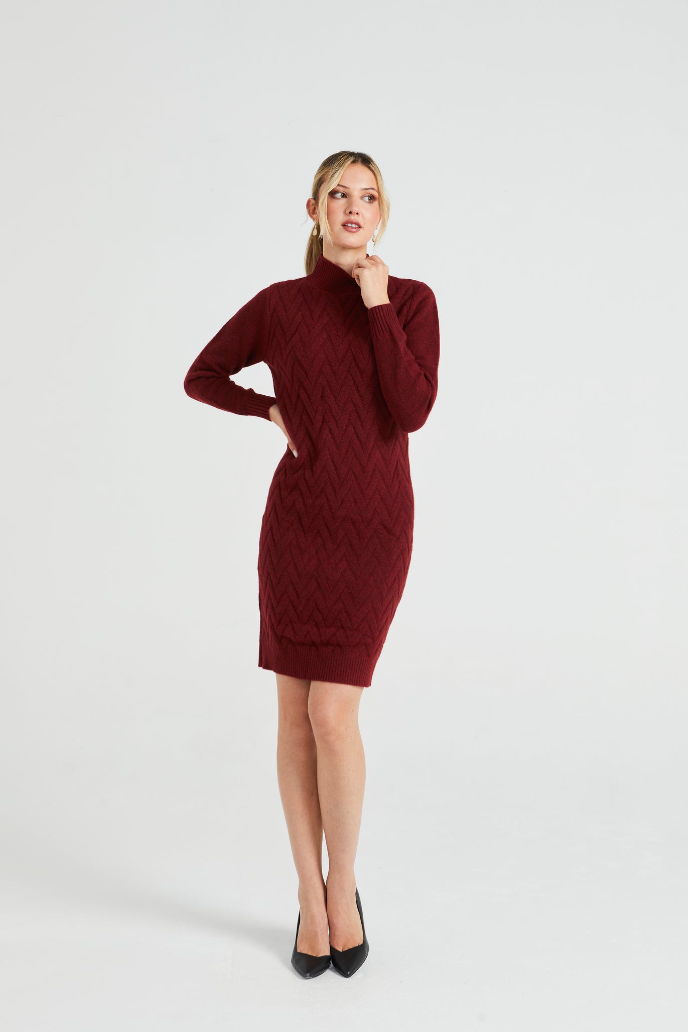 High Neck Chunky Cable Knit Midi Dress