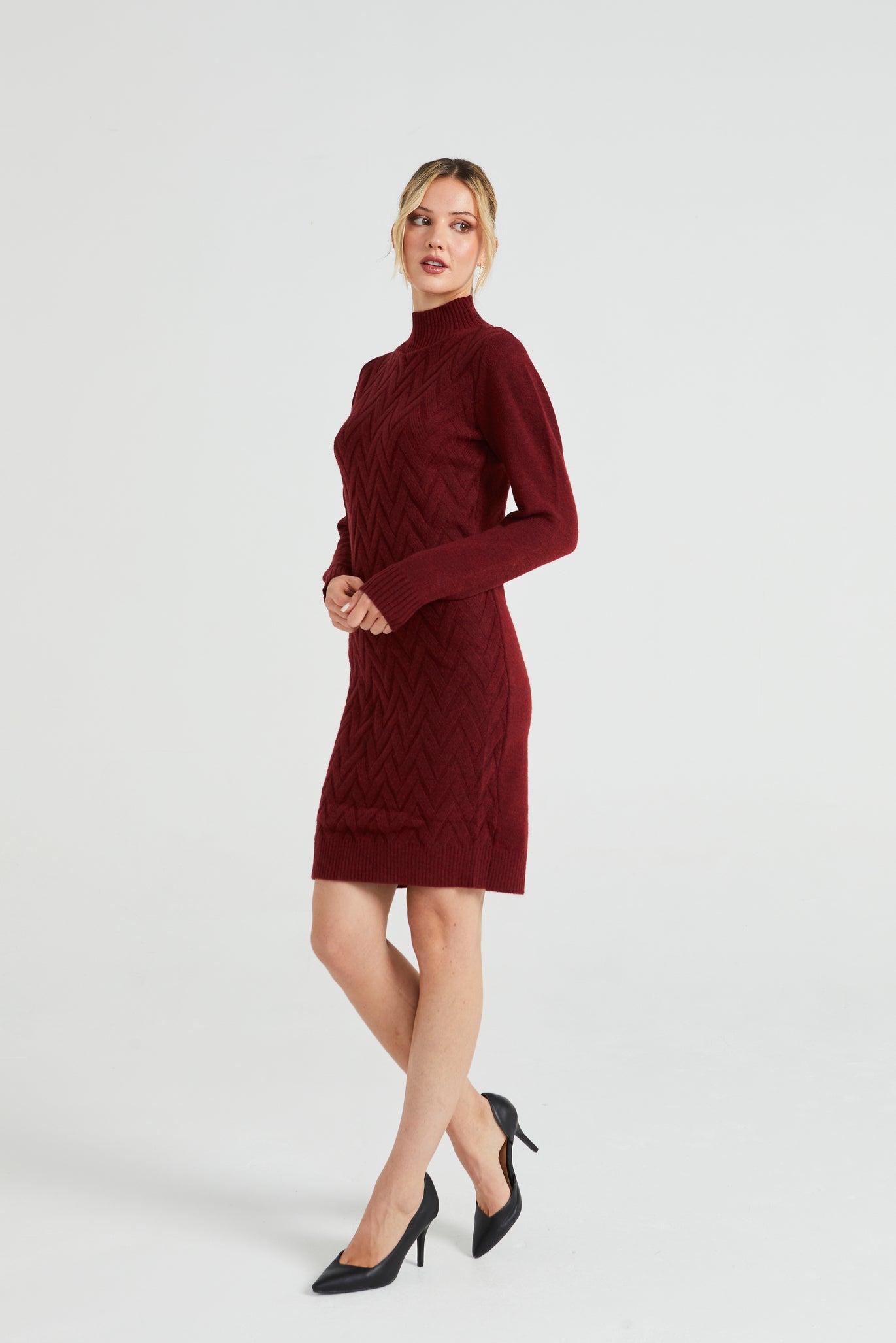 High Neck Chunky Cable Knit Midi Dress