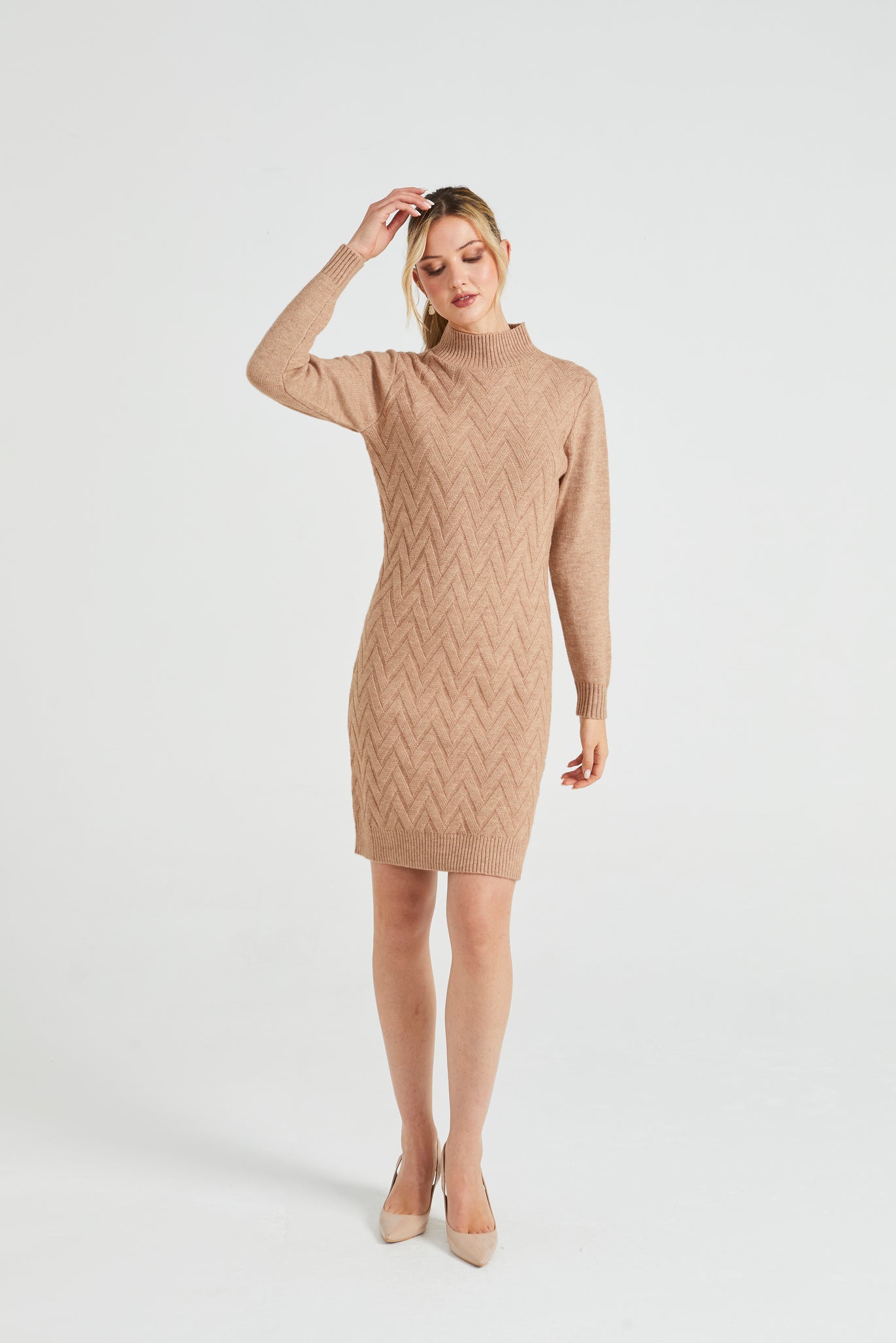 High Neck Chunky Cable Knit Midi Dress