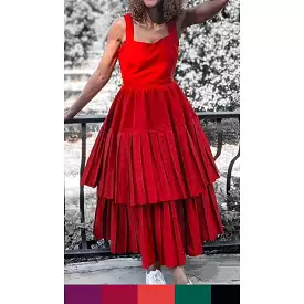 High Waist Pleated Dress - Solid Color.