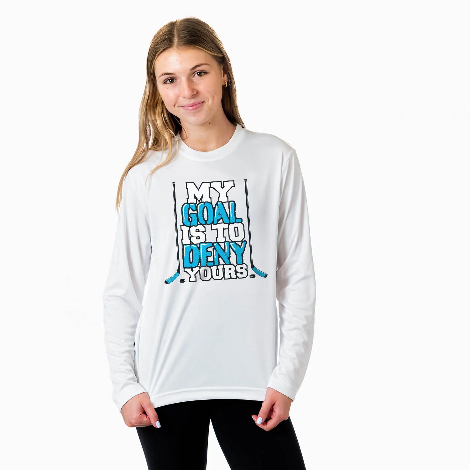 Blue Black Hockey Long Sleeve Tech Tee My Goal Deny Yours Hockey