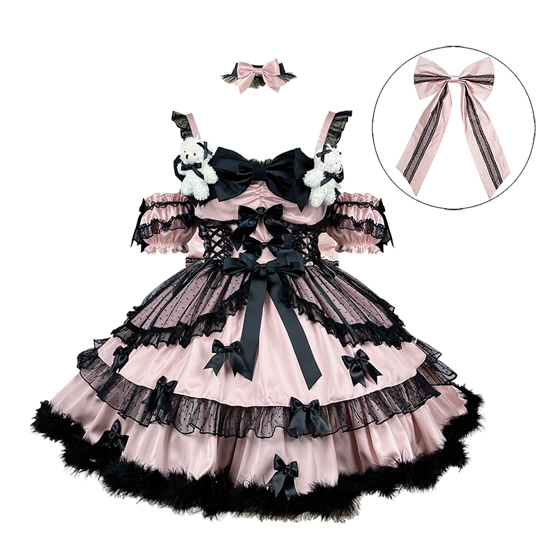 Jiraikei black pink lace puff sleeve Lolita fashion dress pre-order